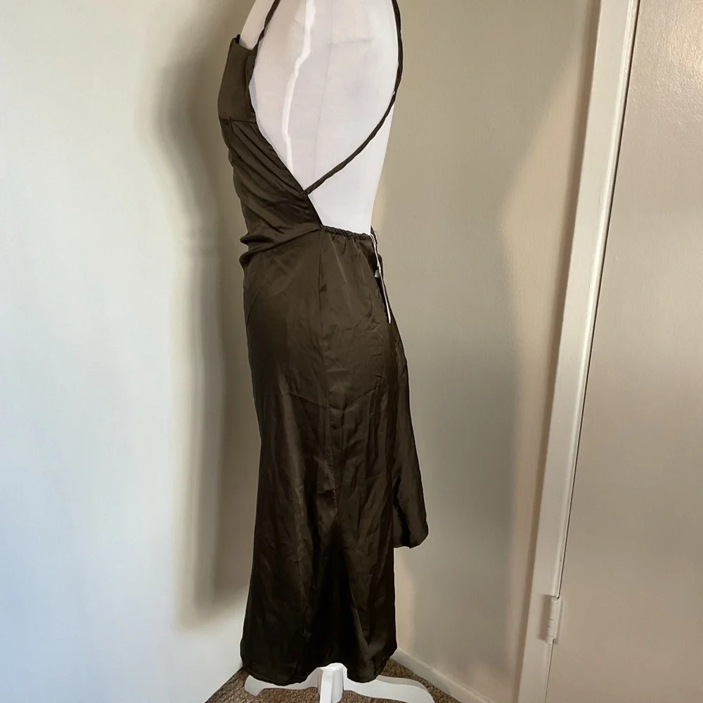 CBR Brown Satin Halter Backless Dress Side Tie Asymmetrical Medium - Picture 4 of 7